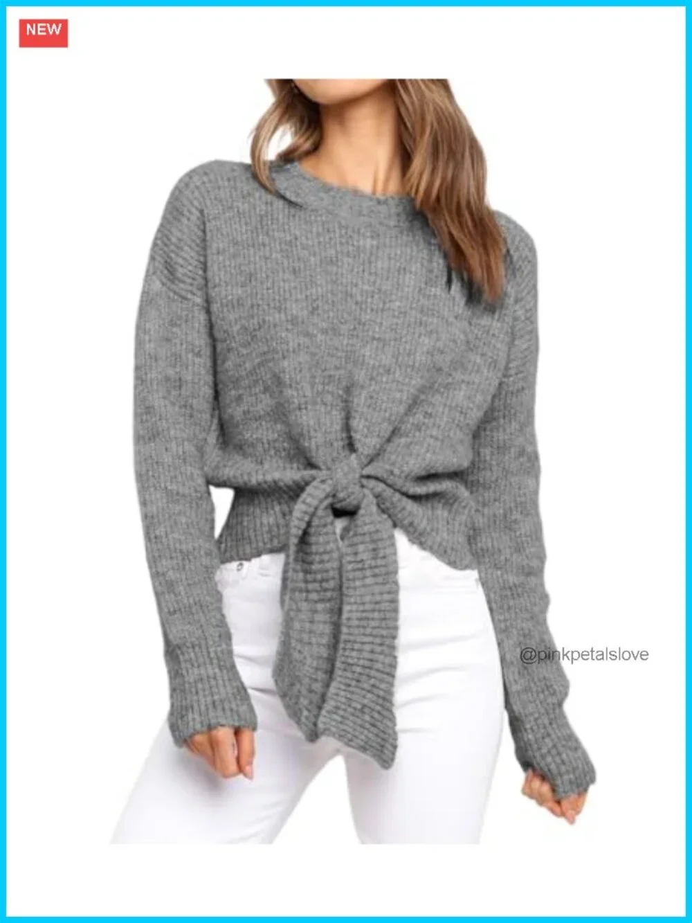 Women's Chunky Cable Knit Crop Sweater Tie Front Crew Neck Pullover